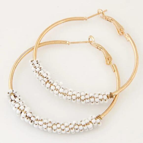 White Bead Oval Dangly Hinge Earrings Gold Tone Round Hoop Drop Classic - Picture 1 of 5
